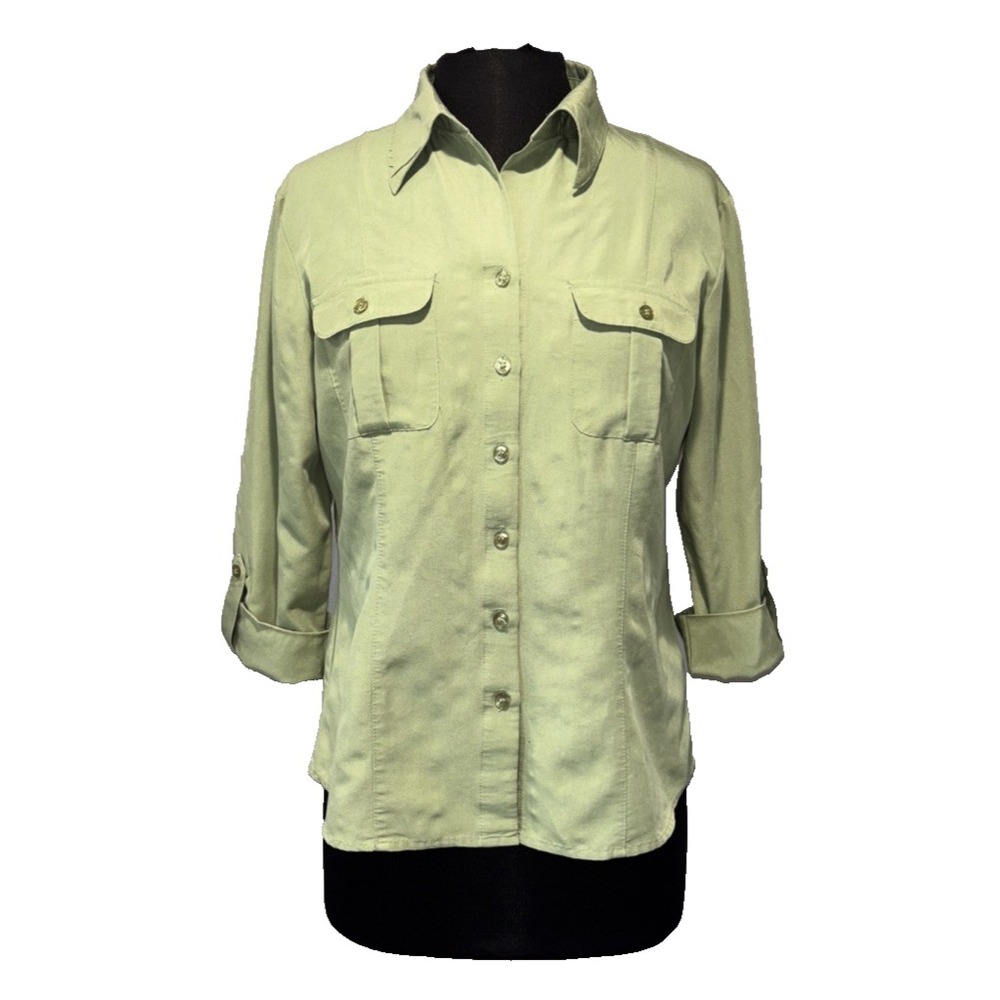 Dressbarn Button Up Top Women's Size M Green 3/4 Roll Tab Sleeve Office Work‎